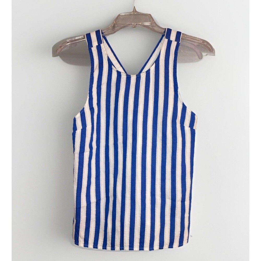 J. Crew Women’s XXS Tank Top‎ Blue White Striped Linen Blend Cross Back Beach